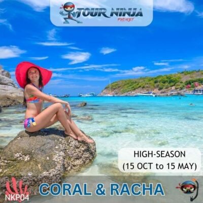 coral island kahung beach with young girl in bikini and pink hat sitting on rock with turquoise sea in background