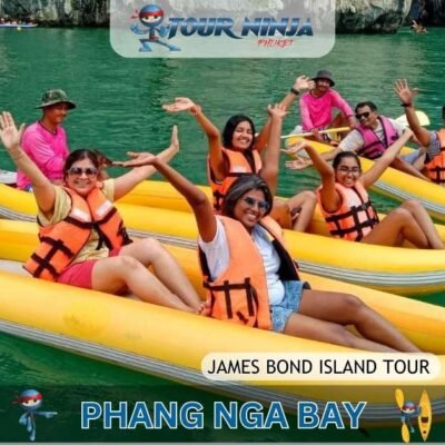 james bond island daytrip with a group of six happy indian tourist divided into three canoes with each a tour guide