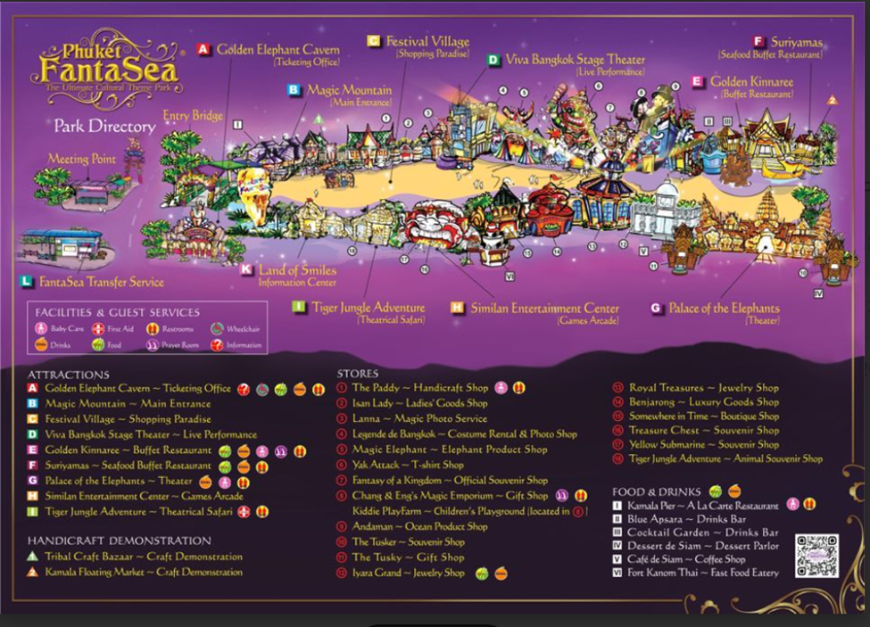 layout map showing and listing attractions at phuket fantasea ultimate cultural theme park