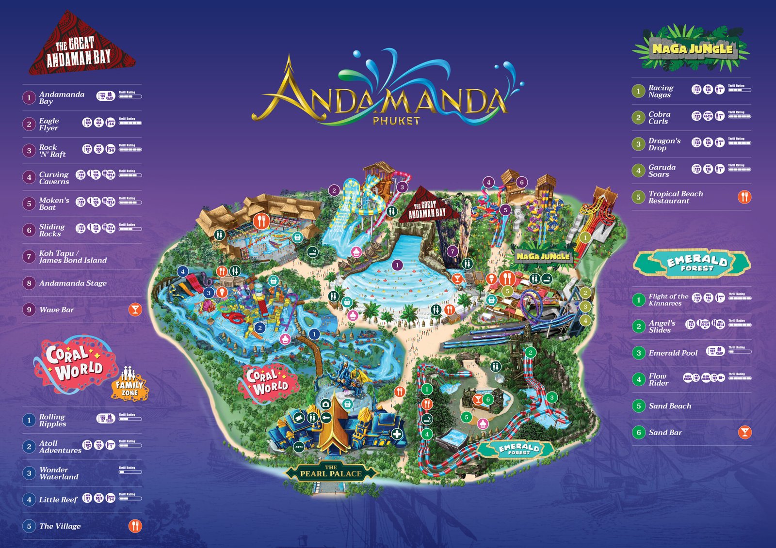 andamanda water park phuket layout map showing zones and listing attractions showing