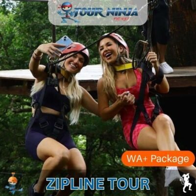 adventure ziplining tours with two beautiful women taking selfies while ziplining through the jungle