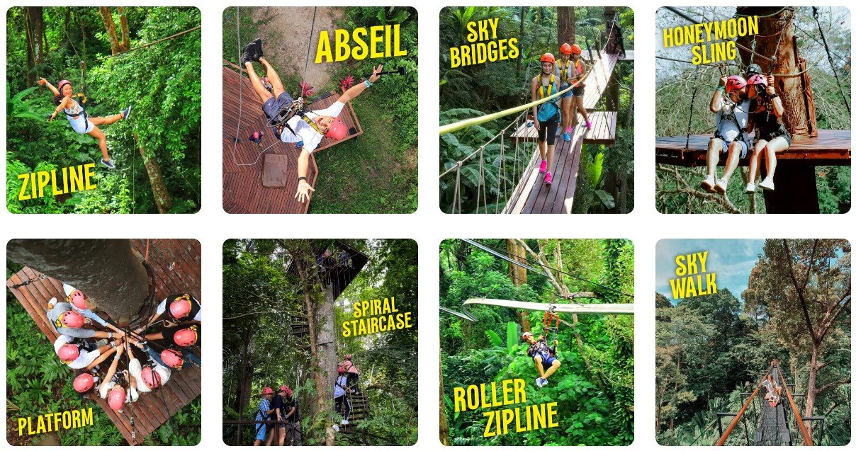 hanuman world zipline park showing all the activities they offer with customers trying them out