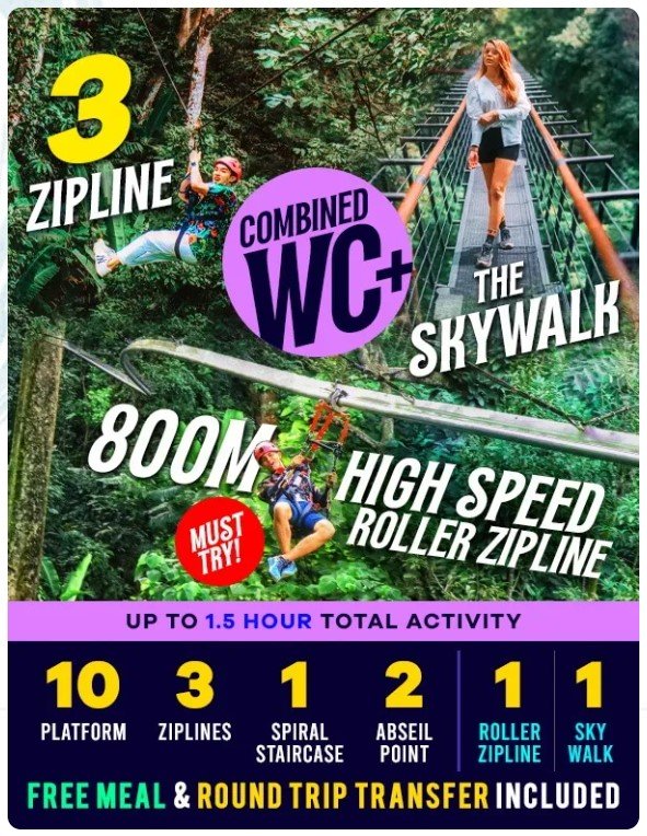hanuman world zipline park showing what is included in their combined wc package