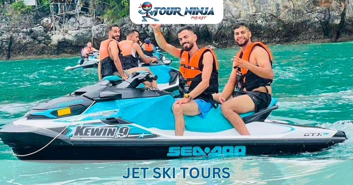 four happy customers wave and smile while sitting on two jet skis in turquise sea water