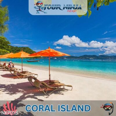 coral island showing kahung beach with beautiful blue sky and turquoise sea with red sun umbrellas and beach chairs