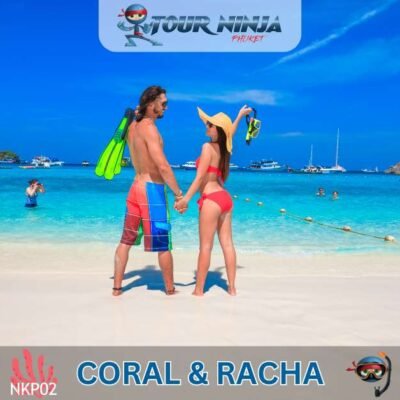 coral island young couple holding hands with mask and fins on the stunning white beach with clear turquoise sea