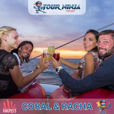 two smiling couples on the boat raising champagne glasses to celebrate beautiful sunset during coral island tour