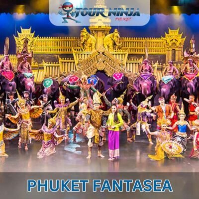 phuket fantasea cultural art theatre show with eight elephants on stage and multiple performers and dancers