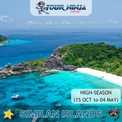 idyllic aerial view of typical Similan island with clear water and white sandy beach and lush green cover