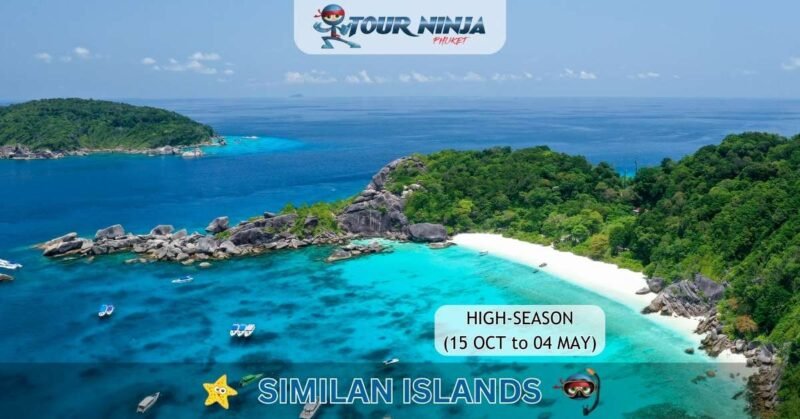 idyllic aerial view of typical Similan island with clear water and white sandy beach and lush green cover