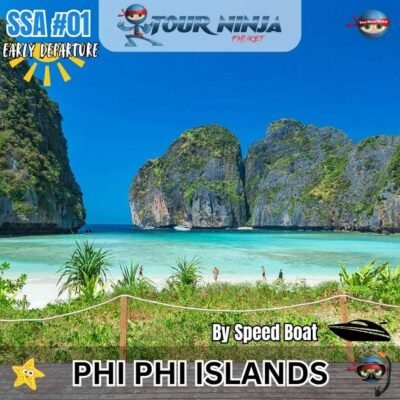 maya bay phi phi island viewed from the beach with its beautiful white sand and turquoise sea and limestone rock formations