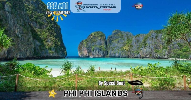 maya bay phi phi island viewed from the beach with its beautiful white sand and turquoise sea and limestone rock formations