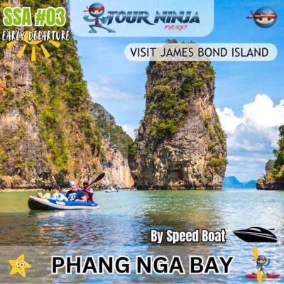 three canoes with tourists paddled by guides in Phang Nga bay showing impressive limestone cliffs