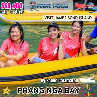 a canoe with 3 thai tourists paddled by a guide in Phang Nga bay showing impressive limestone cliffs