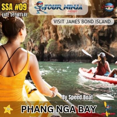 two canoes with tourists paddling near James Bond island in phang nga bay
