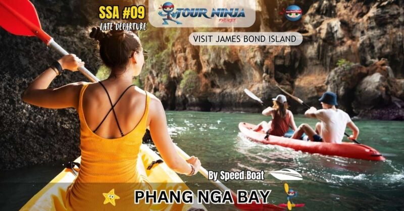 two canoes with tourists paddling near James Bond island in phang nga bay