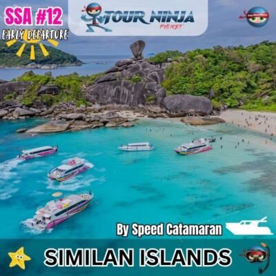 aerial view of typical idylic Similan island showing several boats and multiple tourists on the beach