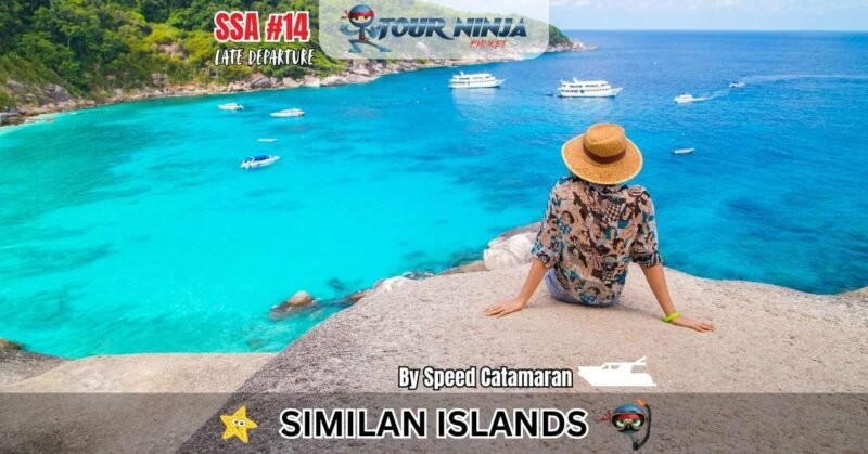 tourist on rock admiring the view of several boats moored in the clear water of Similan islands