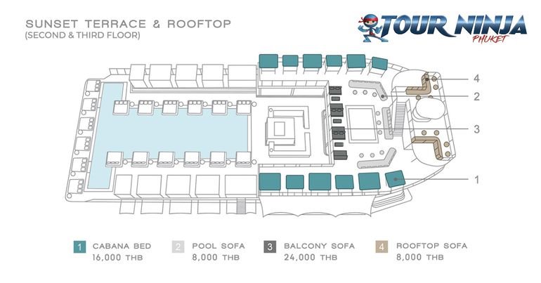 yona beach club party boat plan showing layout of sunset terrace and rooftop