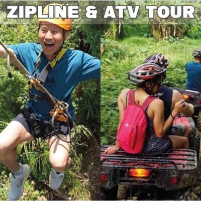 split image showing customer wearing helmet on zipline on left; on right several ATV vehicles are shown driving on a dirt road through lush greenery near big buddha temple