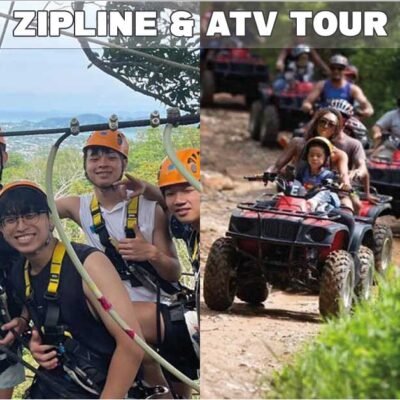 Split image showing 4 smiling customers wearing helmets and safety rigging on a zipline platform on the left and on the right a row of atv vehicles driven by customers en route to big buddha temple