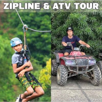 vertically split image, showing young boy on zipline and two riders on atv vehicles parked near big buddha temple