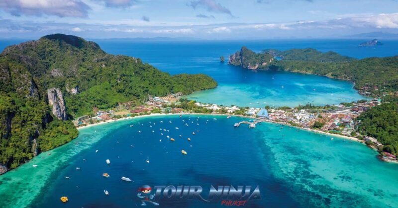 adventure-snorkel-tours-phi-phi phi phi island with tonsai bay and loh dalum bay seen from a drone shot with its beautiful landscape and blue clear waters