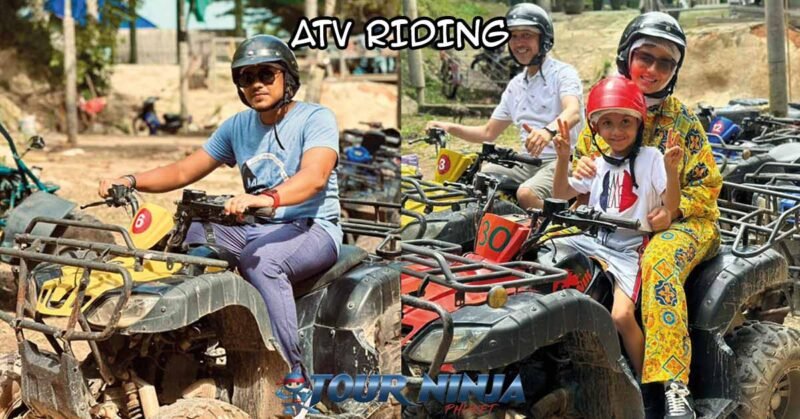 atv-riding-sightseeing-tour-sb1 city tour including 30 min atv riding with happy customer sitting on their atv wearing safety helmets
