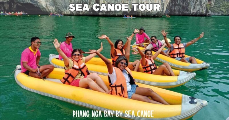 james bond island daytrip with a group of six happy indian tourist divided into three canoes with each a tour guide
