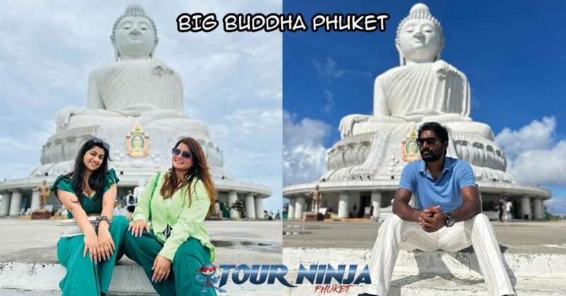 big-buddha-city-tour-sb1 phuket city tour visiting big buddha with smiling customer having a photo taken in front of the large buddha statue
