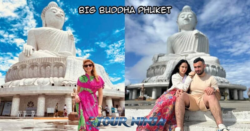big-buddha-sightseeing-tour-sb1 city tour visiting big buddha phuket with happy customer posing for photo in front of the large buddha statue on a sunny day