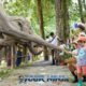 elephants along behind wooden fence being fed by tourist children at bukit elephant park