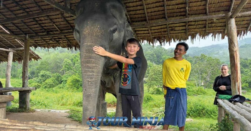 bukit-elephant-mahout-bu1 bukit elephant park boy touches trunk of elephant in shaded hut with smiling mahout beside him and mother watching from behind hut