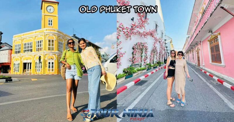 city-tour-old-phuket-town-sb1 city tour visiting old phuket town with happy customer posing for photo in front of the colorful buildings on a sunny day