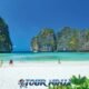 maya bay at phi phi island viewed from the famous maya beach with a clear blue sky and its turquoise blue sea