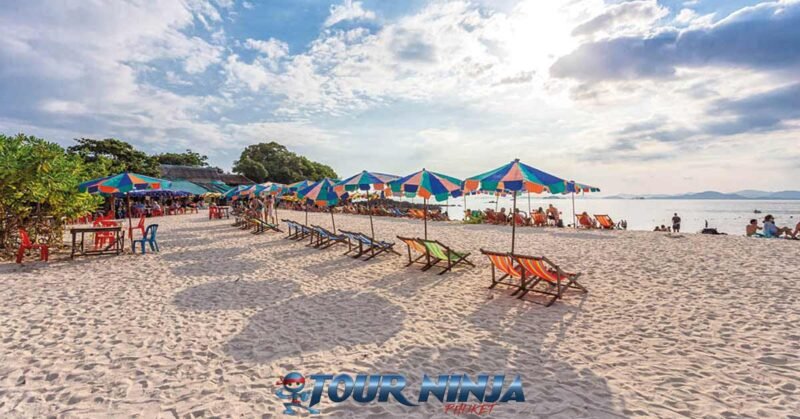 daytrip-phiphi-khai-island-s10 khai island with it’s a beautiful sandy beaches decorated with dozens of colorful beach chairs and parasols