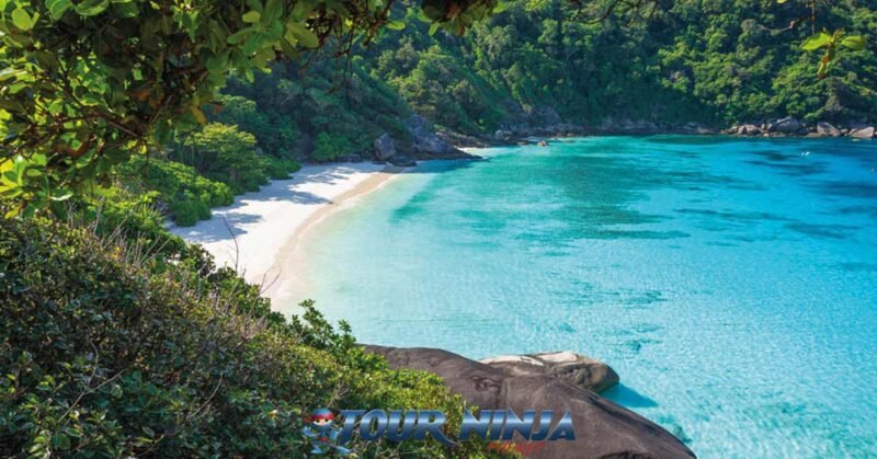 daytrip-snorkeling-similan-island-s8 similan island donald duck bay viewed from a viewpoint without any people on a bright sunny morning with its crystal clear sea