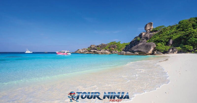 daytrip-snorkeling-similan-island-s9 similan island with a pink catamaran speedboat moored up in donald duck bay on a beautiful bright sunny day with its crystal clear sea