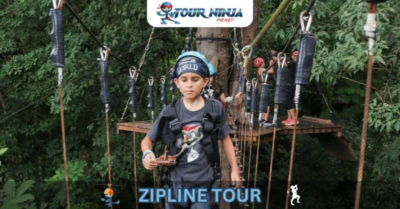 kid-zipline-bridge-hw1 close-up of kid crossing suspension bridge during zipline tour in jungle