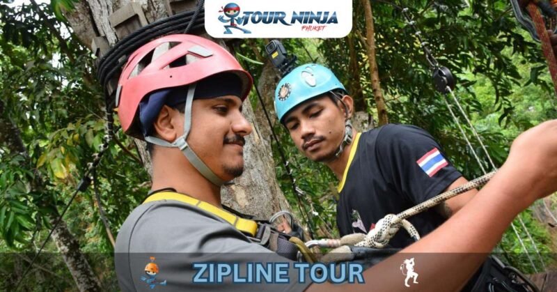 zipline-phuket-flying-hw6 close-up of tour guide checking safety equipment of smiling zipline customer
