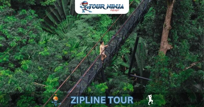 zipline-suspension-bridge-hw1 wide-view of customer crossing suspension bridge at phuket zipline park in jungle