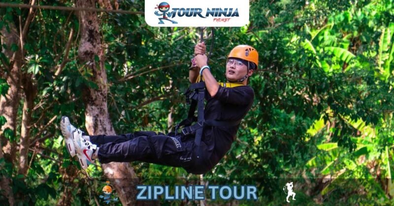 zipline-phuket-flying-hw9 Asian female with spectacles holding on to safety harness with both hands while flying down zipline in jungle in seated position.
