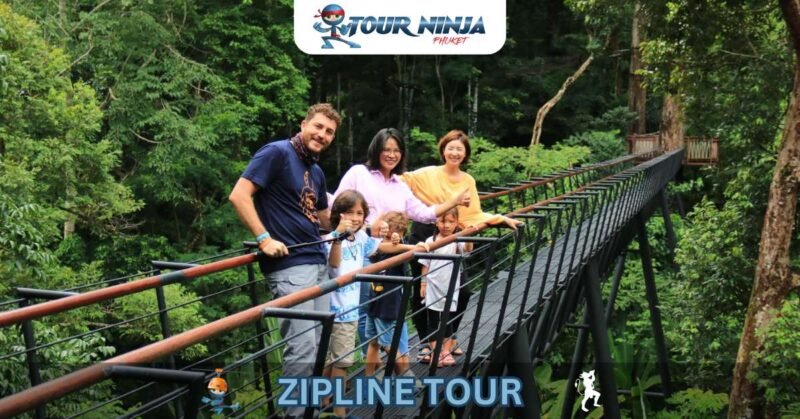 phuket-flying-zipline-hw1 smiling family of mom, dad, grandma and young boy pose on suspension bridge in jungle at zipline park