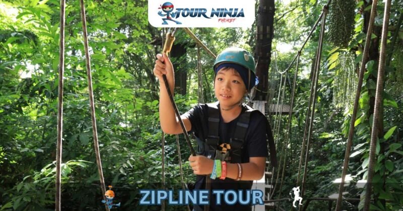 phuket-flying-zipline-hw3 wide-eyed Asian teenager on zipline platform holding rope before starting zipline glide