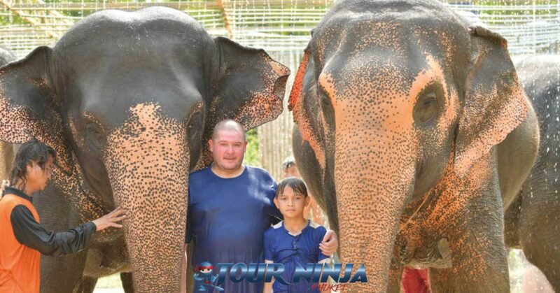 feed-shower-elephant-e3 father and son posing with two elephants in rain shower with mahout