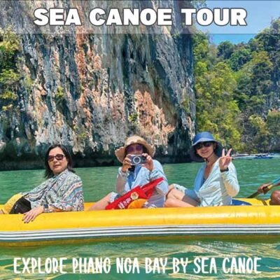 james bond island tour visiting phangnga bay with three participants and a tour guide in a yellow inflatable kayak paddling