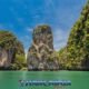 beautiful limestone rock formations in phang nga bay viewed from a speedboat
