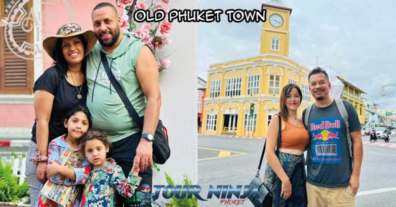 sightseeing-tour-old-phuket-town-sb1 old phuket town visited by phuket city tour with customer posing for photo in front of the colorful buildings