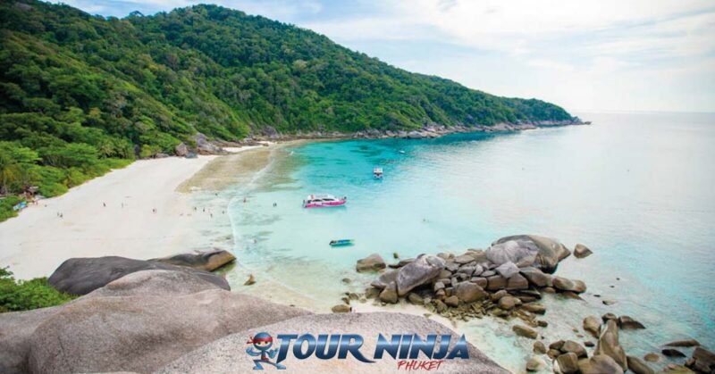 similan-island-daytrip-snorkeling-4 similan island donald duck bay viewed from a viewpoint several tourists on the beach and a pink catamaran speedboat moored up near by