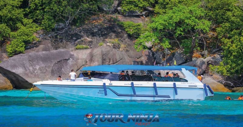 snorkeling-daytrip-racha-island-s2 racha islands with a white speedboat moored up in shallow waters just above a snorkeling site perfect for sea lovers